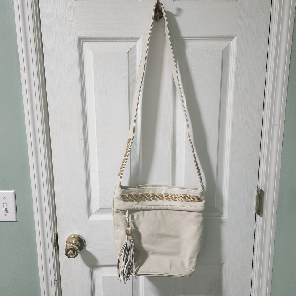 Vintage Cream Leather Crossbody Bag Gold Studded Tassel Made in USA Boho Cream